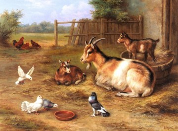  Cabra Pintura - Una escena de corral con cabras, pollos, palomas, animales de granja, Edgar Hunt
